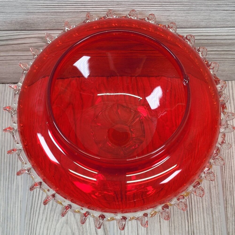 Vintage Ruby Red‎ Art Glass Pedestal Compote Bowl Clear Ruffled Edge 7.5 Inch - Picture 7 of 13